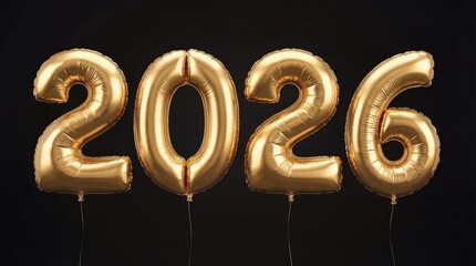 Golden Foil Balloon Numbers 2026 for New Year Celebration on Dark Background