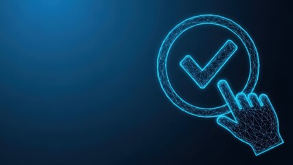 A glowing blue neon wireframe check mark icon indicating verification and approval against a dark digital network background