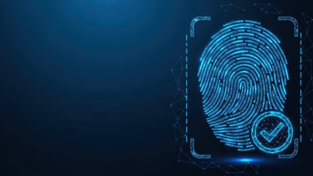 A glowing blue fingerprint scan centered within a digital frame representing biometric security and personal identification technology - Powered by Adobe