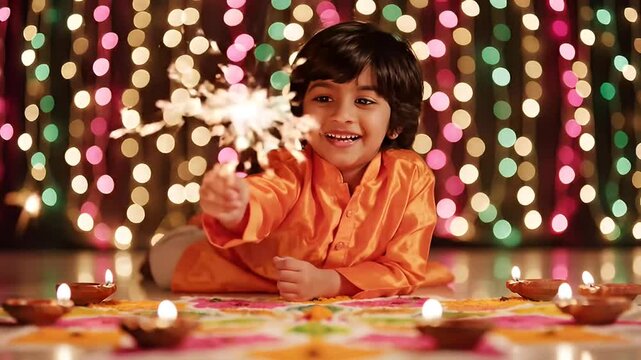 Happy boy playing sparkler Diwali festival celebration