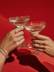 two hands holding a glass of champagne