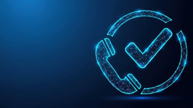 Abstract blue digital icon of a telephone with a checkmark indicating successful communication or confirmed support