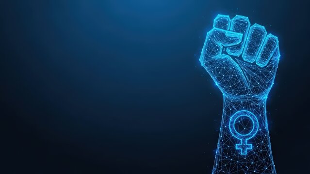 Abstract blue digital rendering of a raised fist with the female symbol representing female empowerment and solidarity