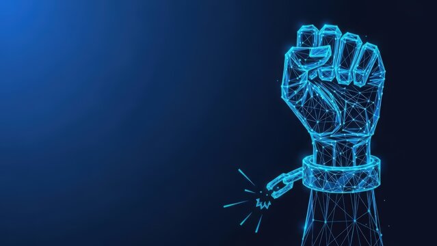 Abstract blue wireframe fist breaking free from a broken digital chain against a dark background representing liberation and freedom