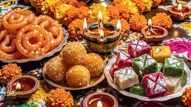 Vibrant Diwali Celebration Table with Sweets Diya and Marigold Flowers