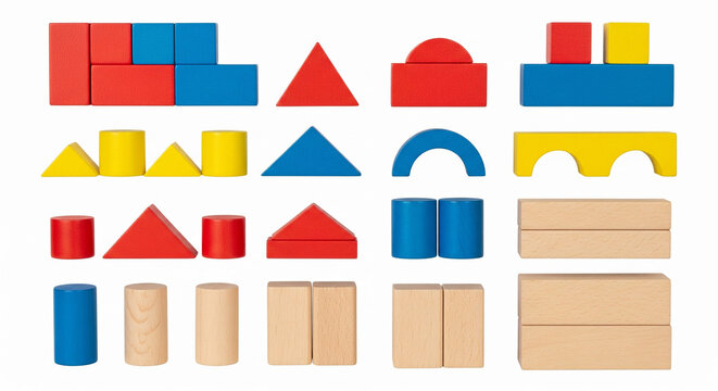 Colorful Wooden Building Blocks: A vibrant arrangement of wooden blocks in various shapes and colors invites creativity and learning.