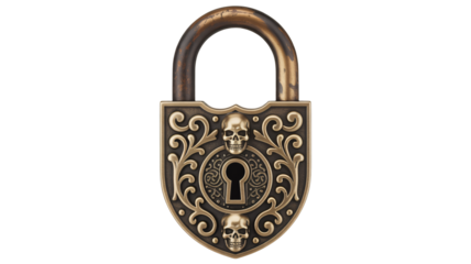 Vintage padlock with ornate design in golden color on white background for security