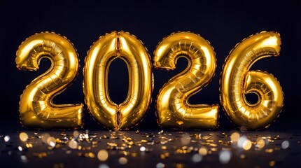 Golden Foil Balloon Numbers 2026 on Dark Background with Confetti and Bokeh Lights