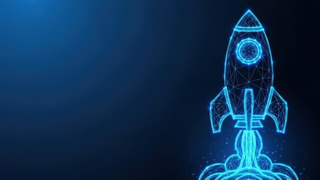 Abstract glowing rocket launching into space with a wireframe design on a dark blue background