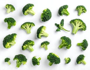 Overhead shot of numerous freshly cut broccoli florets scattered on white