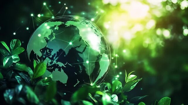 Digital globe in green foliage environmental concept with network