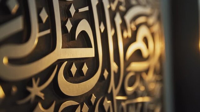 Detailed Arabic Calligraphy on Wooden Surface with Warm Sunlight Glow