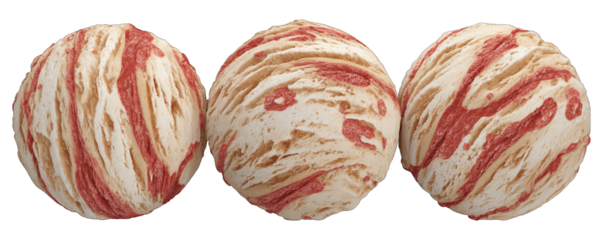 Three colorful ice cream balls arranged in a row on a white background