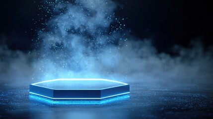 Glowing blue hexagonal podium on dark background with smoke and magical particle effects