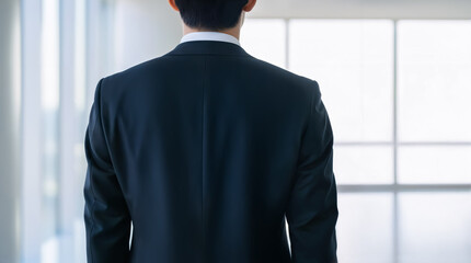 Rear View of Japanese Businessman Standing by Window Business Concept