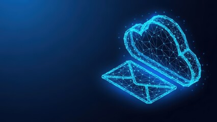Digital cloud and email envelope made of glowing blue wireframe polygons with connected dots representing technology and data transfer on a dark background