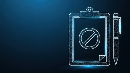 Digital clipboard with a red circle and line symbol indicating prohibition or denial against a dark blue background