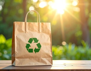 Paper bag with recycling symbol sits on wood, sunlit background