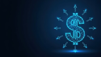 Obraz premium Digital dollar symbol with surrounding arrows indicating financial growth and investment on a dark blue background