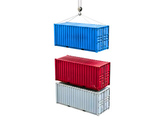 Three colorful shipping containers stacked isolated on transparent background