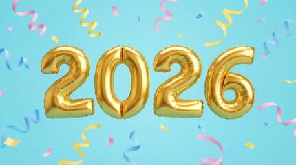 Golden Foil Balloon Numbers '2026' with Colorful Confetti on Blue Background for New Year Celebration