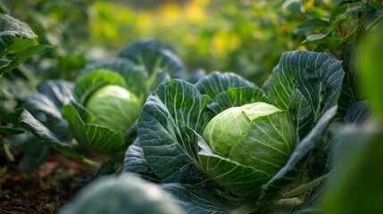 Close-up of verdant cabbages flourishing in a sun-drenched garden bed with lush green foliage