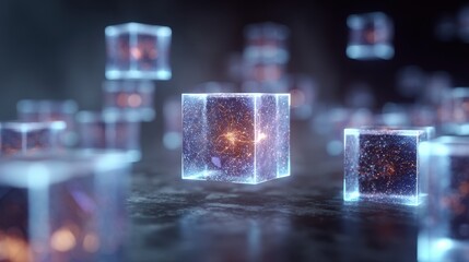 Floating glowing cubes with nebula energy inside representing blockchain or data storage