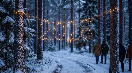 People walking in snowy forest decorated with festive string lights and "2024" numbers