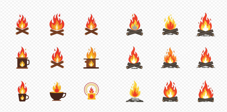 Collection of various campfire and fire icons for outdoor activities and warmth.