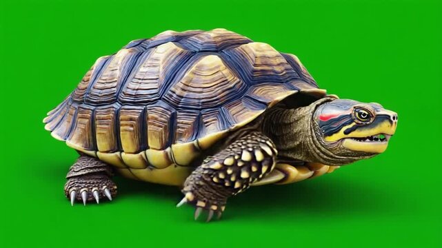 Vibrant turtle with striking shell and sharp claws on green background