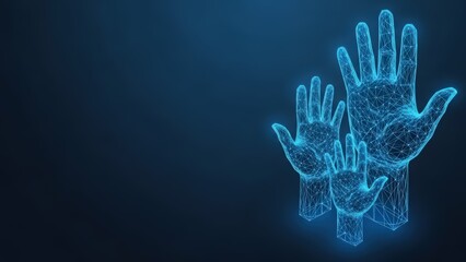 Naklejka premium Digital hands raised together in a blue polygonal network representing teamwork and participation