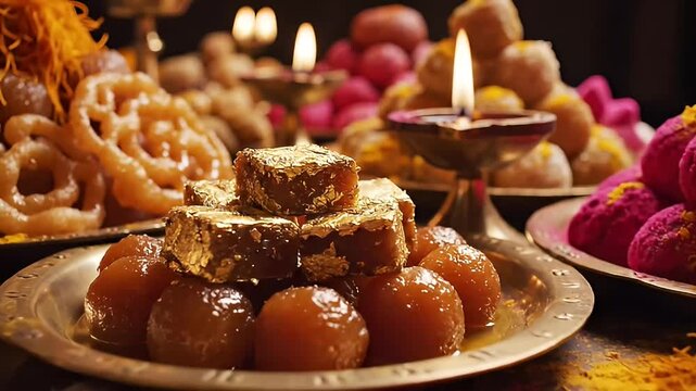 Diwali Festival Delight Indian Sweets Diyas and Colorful Powder