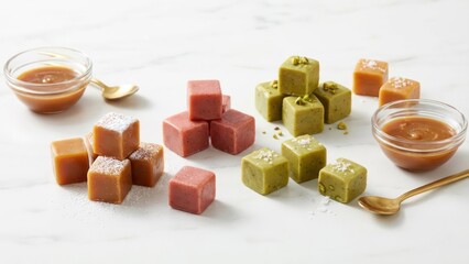 Delicious and colorful caramel cubes on white background perfect for desserts and sweet treats photography