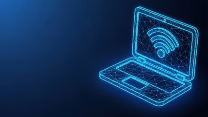 Digital laptop with glowing wireless network signal on dark blue background representing internet connectivity