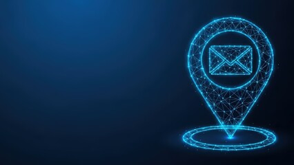 Digital location pin with email symbol illuminated on dark blue background