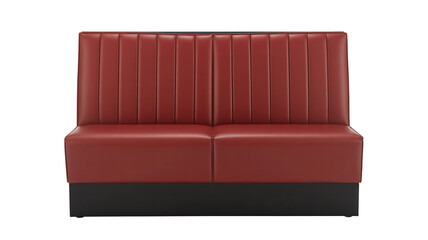 Red leather booth in modern minimalist style with vertical channel tufting in soft studio lighting for restaurant interior design