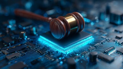 A wooden gavel rests upon a glowing circuit board, symbolizing the intersection of law and technology. The neon blue lights highlight complex details