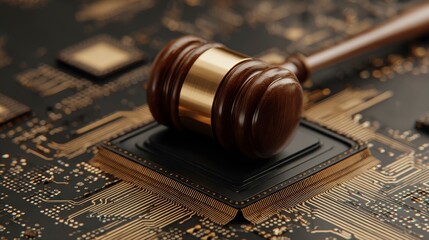 A wooden gavel rests on top of a computer chip. The circuit board is visible in the background, a digital law concept