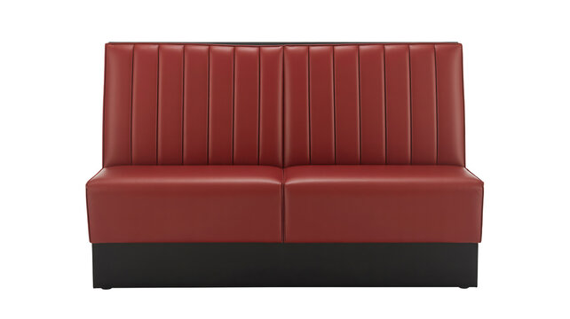 Red leather booth in modern minimalist style with vertical channel tufting in soft studio lighting for restaurant interior design