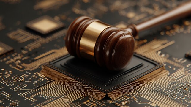 A wooden gavel rests on top of a computer chip. The circuit board is visible in the background, a digital law concept - Powered by Adobe