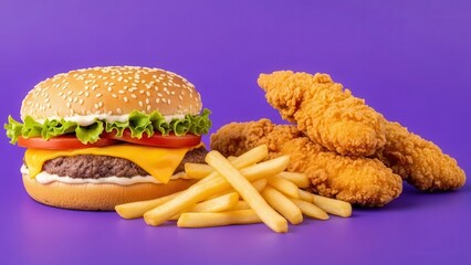 A fast food marketing visual with a classic cheeseburger, crispy fried chicken strips, and golden fries on a bold purple background for combo meal promotion.
