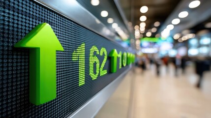 A digital display shows an upward trend with green arrows and numbers, indicating positive movement in a bustling environment.