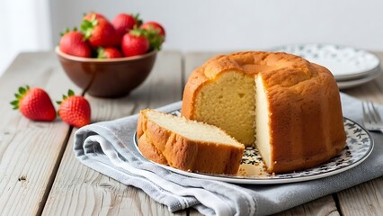 Delicious pound cake with fresh strawberries on wooden table