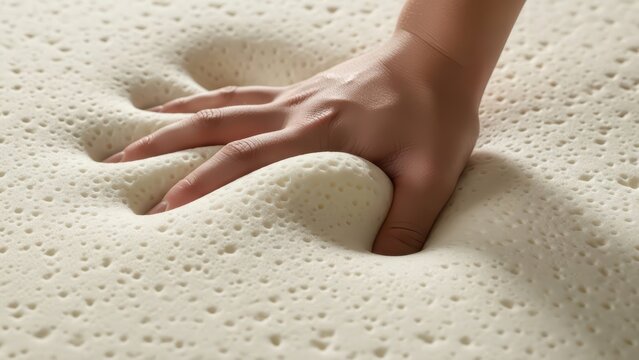 Close-up of hand testing softness of memory foam mattress surface texture