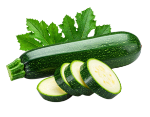 Fresh Zucchini Vegetable with Sliced Pieces and Green Leaves.
