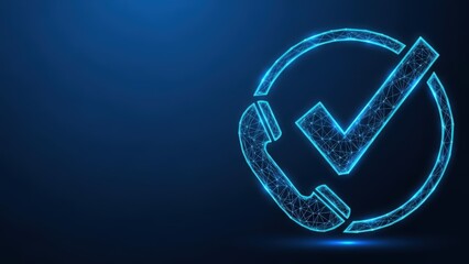 Digital telephone icon with checkmark symbolizing successful communication and support on a dark blue background
