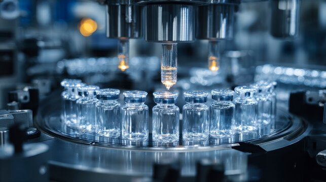 Automated machinery fills and seals clear glass vials on a rotating production line, focusing on pharmaceutical manufacturing