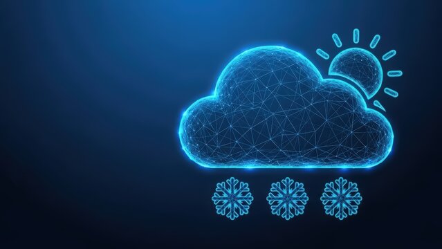 Digital weather forecast icon shows a glowing blue cloud with snowflakes and sun elements on a dark background