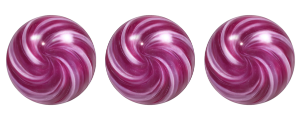Three pink swirly ice cream balls isolated on a white background viewed from directly above