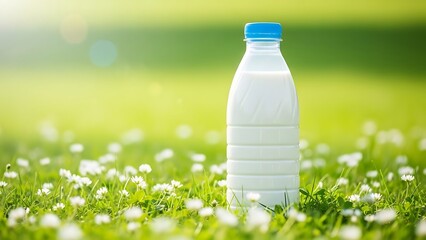 Fresh milk bottle sitting on green grass with white flowers